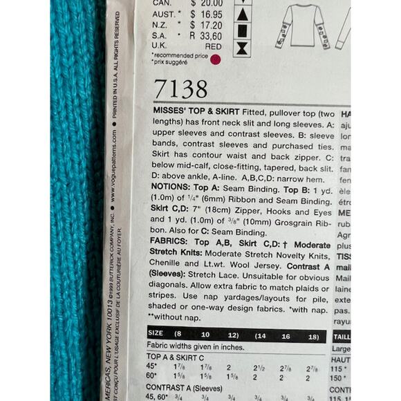 Vogue sewing pattern 7138 suit jacket skirt 14 16 18 - Picture 4 of 8